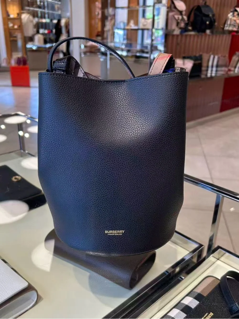 Burberry Black Leather Bucket Bag with Check Strap